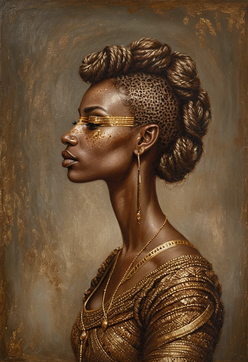 Oil portrait of a noble woman in profile with gold accents