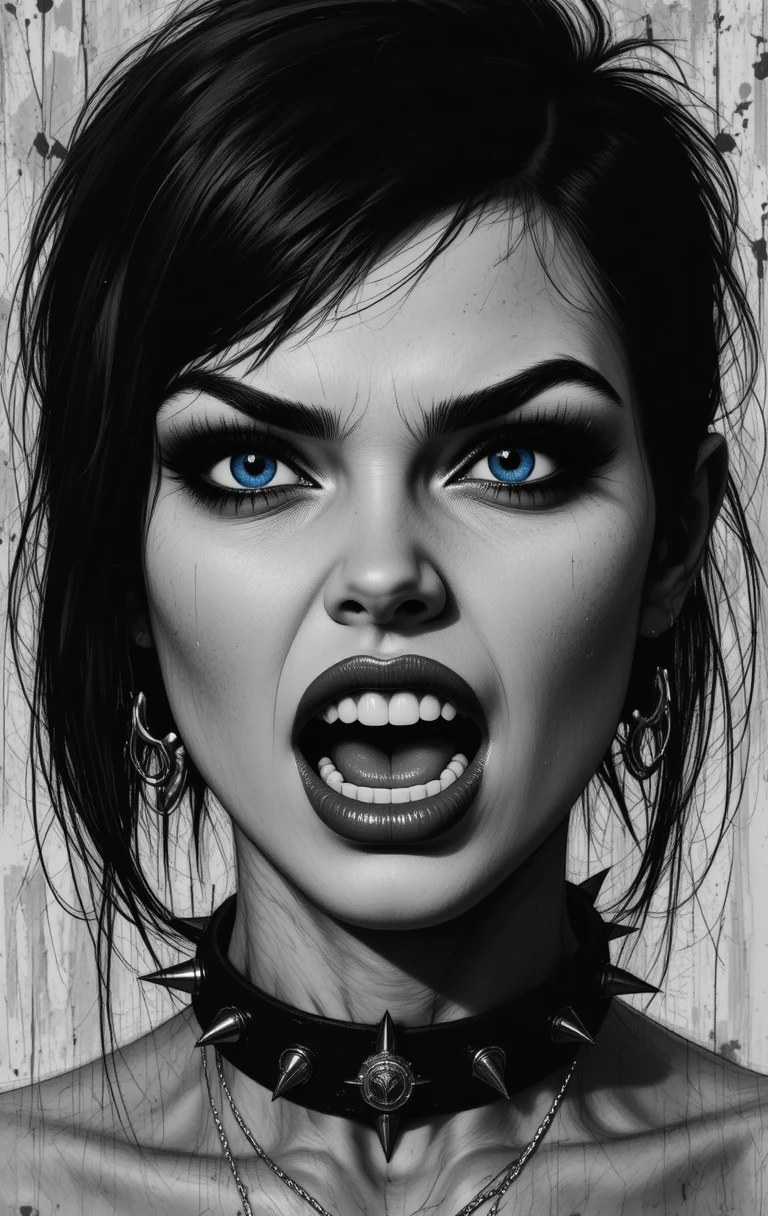 Fierce woman close up in gritty black and white art