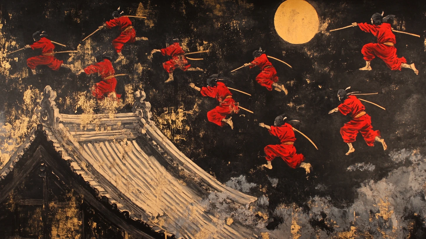 Red clad ninjas leaping between rooftops at night