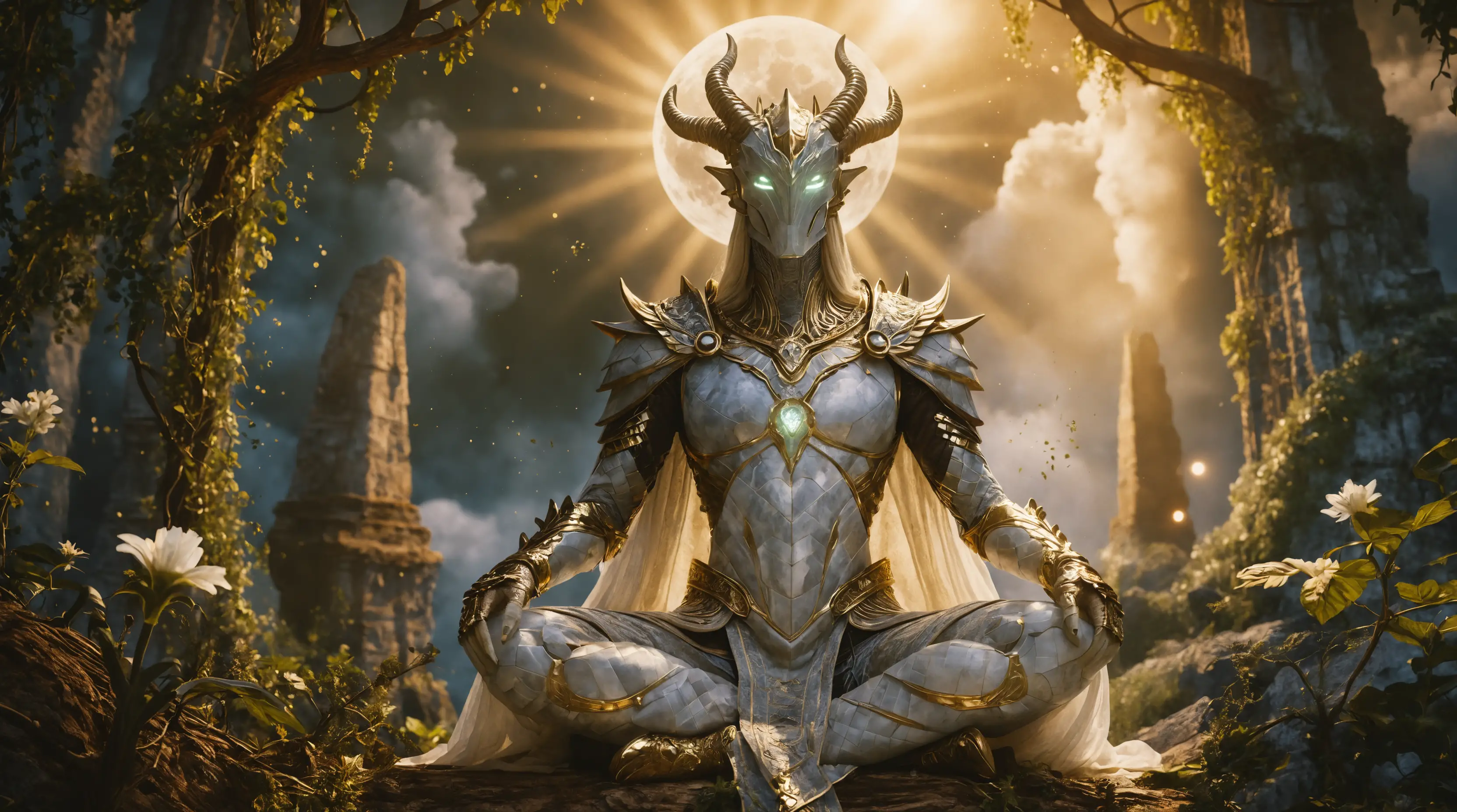 Druida forjado celestial ajoelhado em meditação ao luar