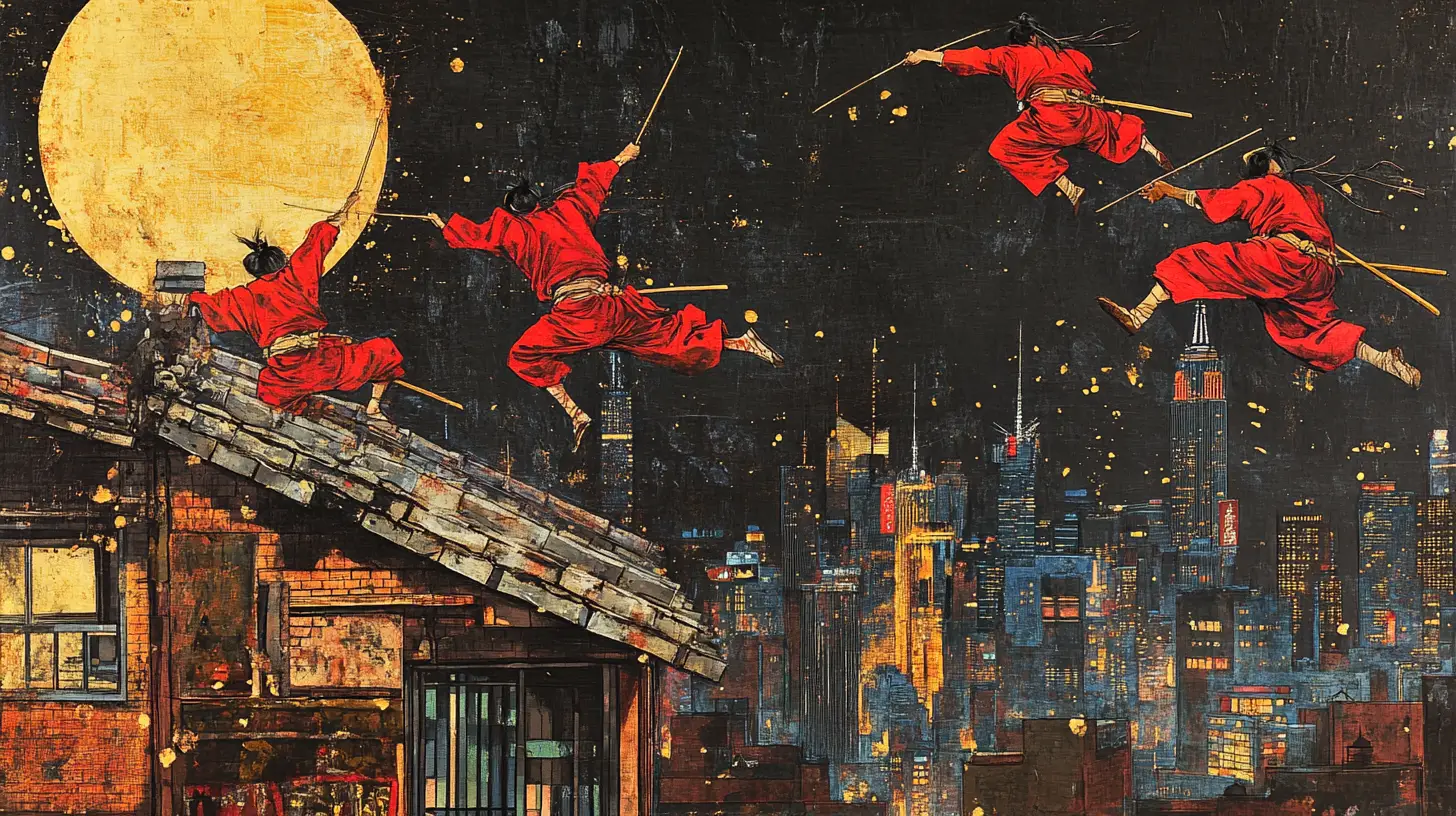 Ninjas vêtus de rouge bondissant sur les toits de New York la nuit