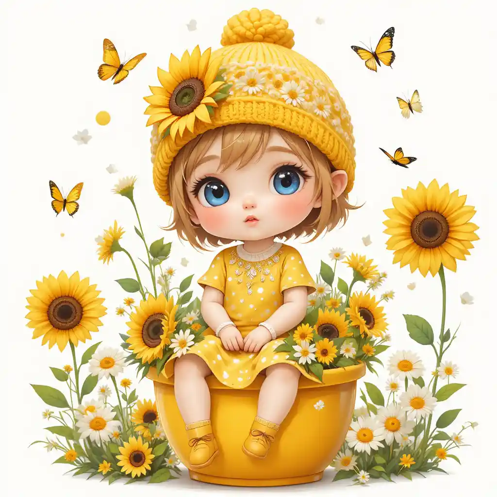 Cute child sitting in sunflower pot with garden insects