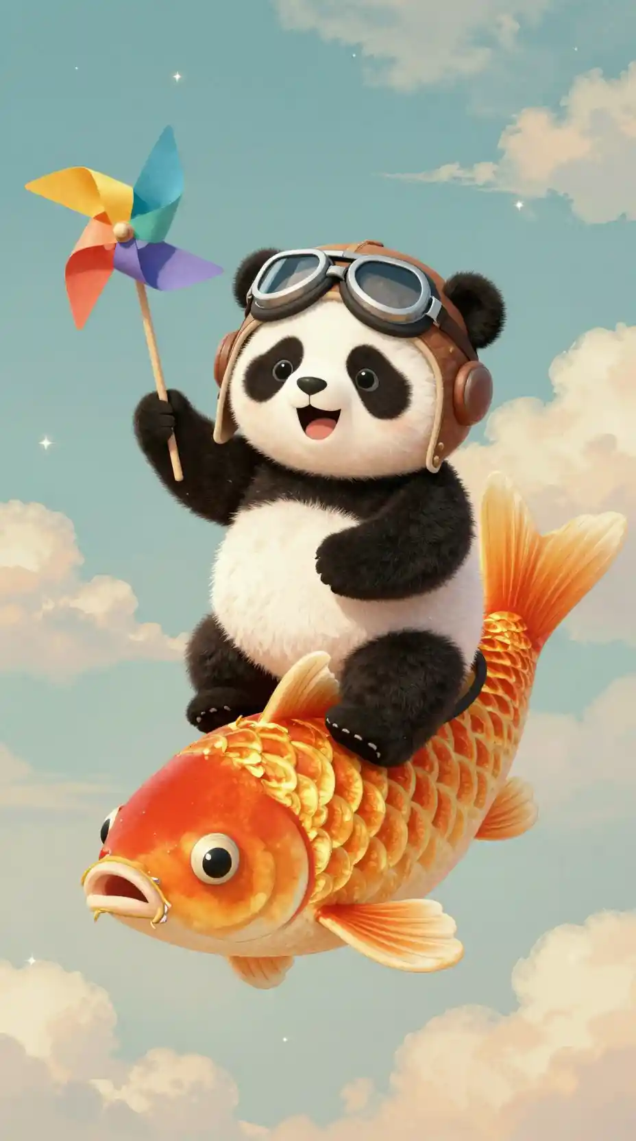 Adorable panda chevauchant une carpe dorée dans un ciel de rêve