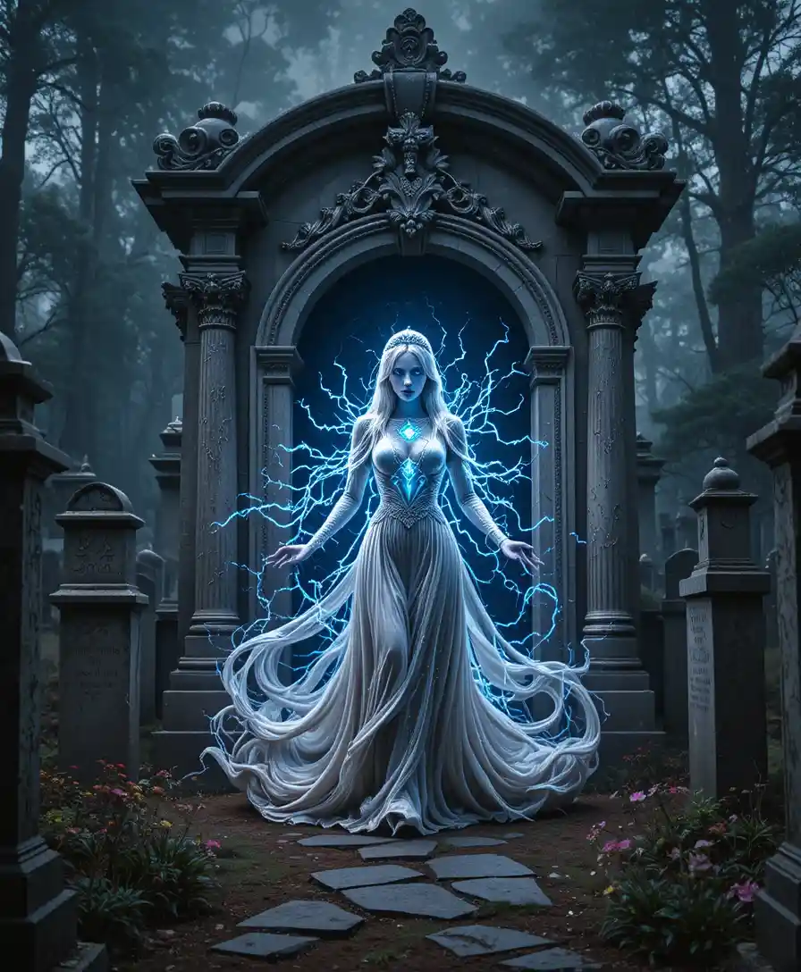 Ghostly woman emerging from ornate stone tomb doorway