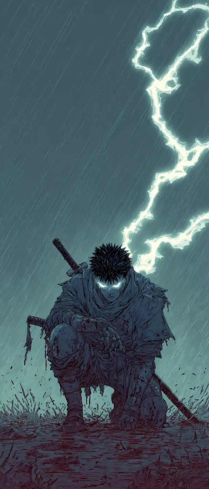 荒廃した戦場で雨に打たれひざまずくアニメ戦士