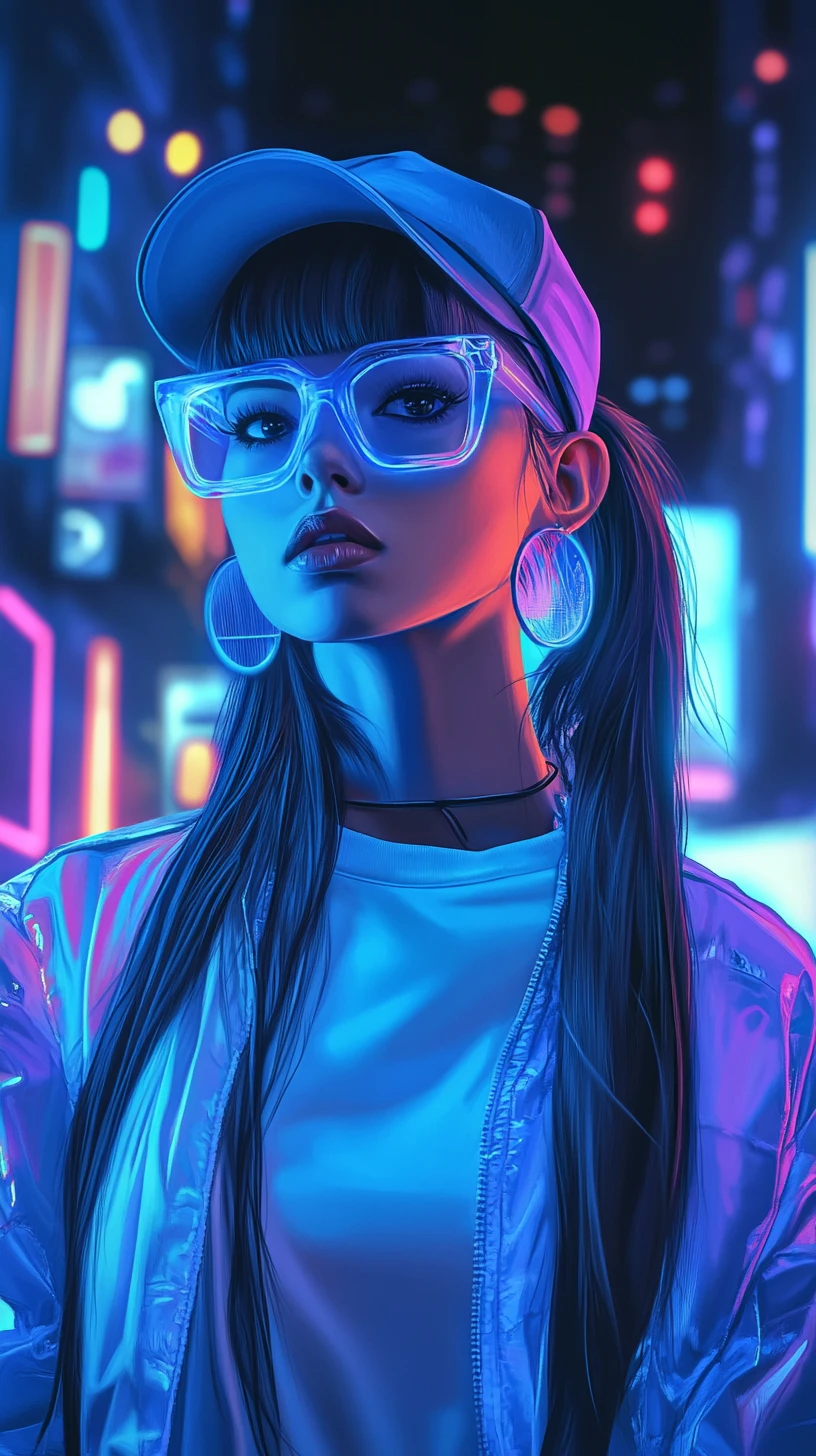 Garota energética com jaqueta azul neon em paisagem urbana digital