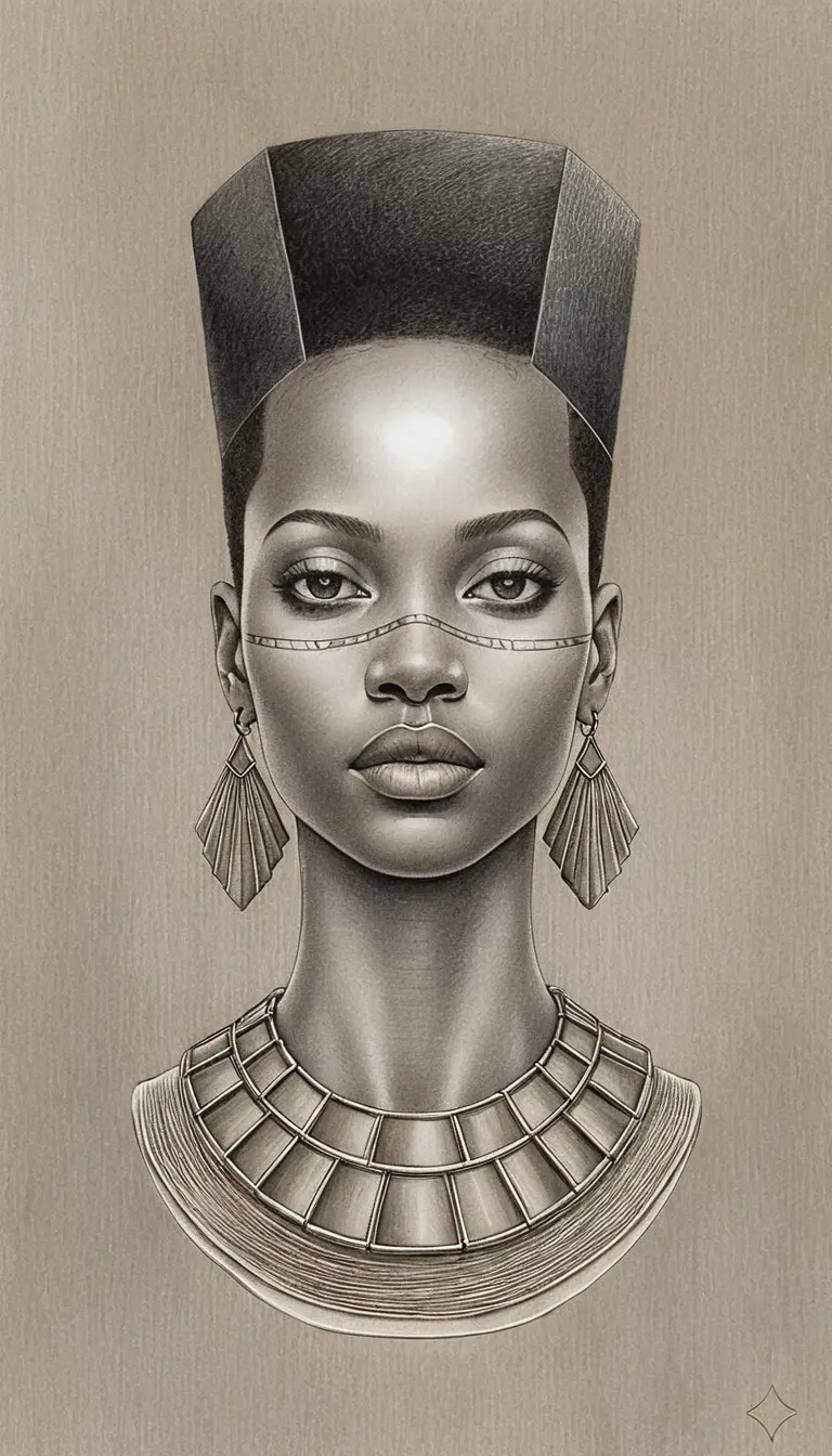 Graphite bust portrait of an elegant African woman with jewelry