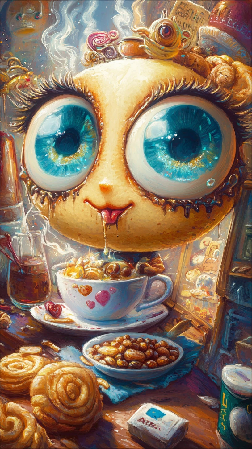 Tasse de café joyeuse en dessin animé courant dans un café chaleureux