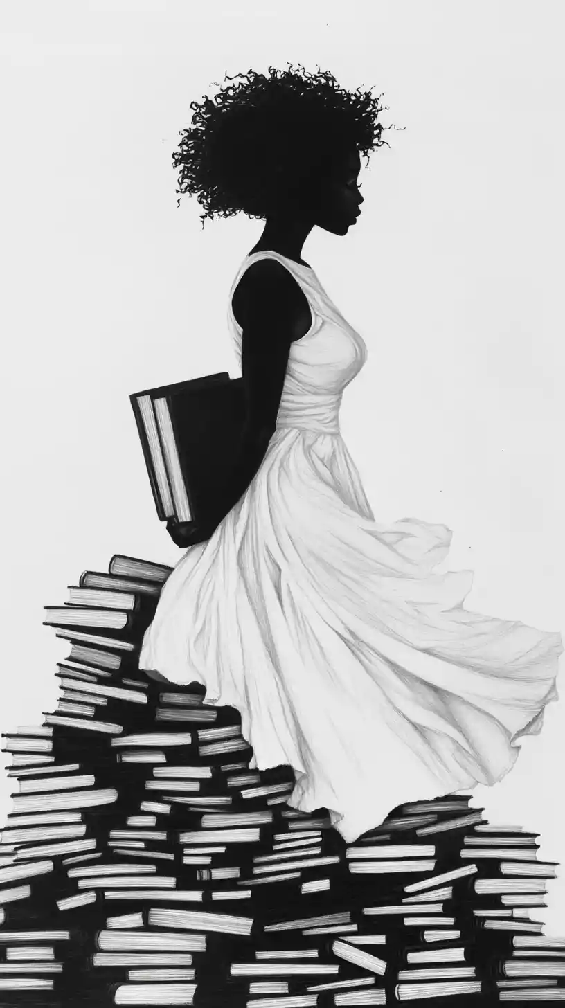 Elegant woman in white dress with books in charcoal drawing