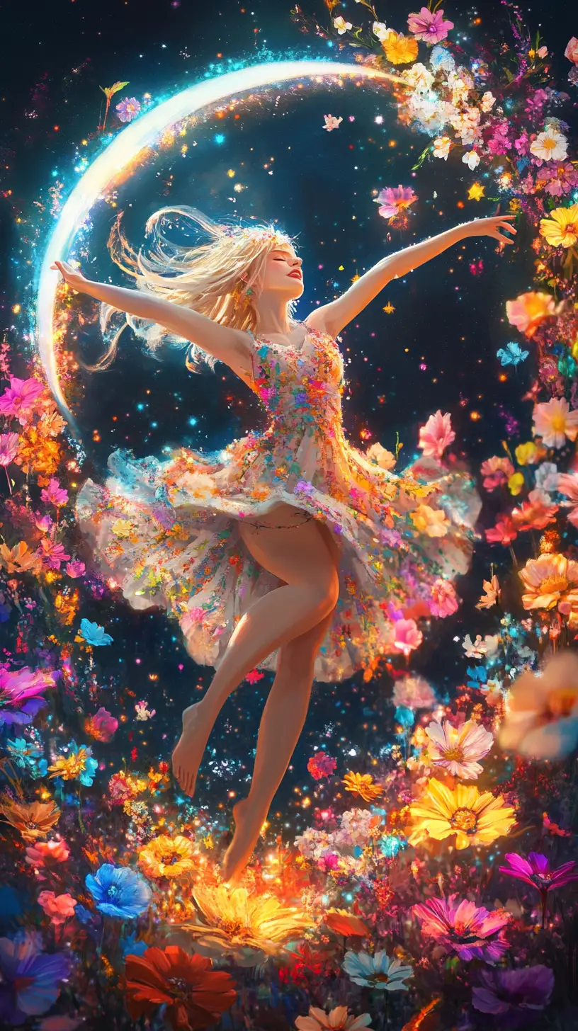 Dancing blonde girl in a glowing celestial flower garden