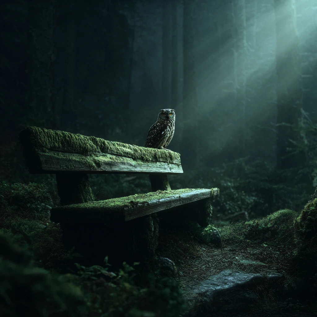 暗い森で苔むした木のベンチにとまるフクロウと懐中電灯の光
