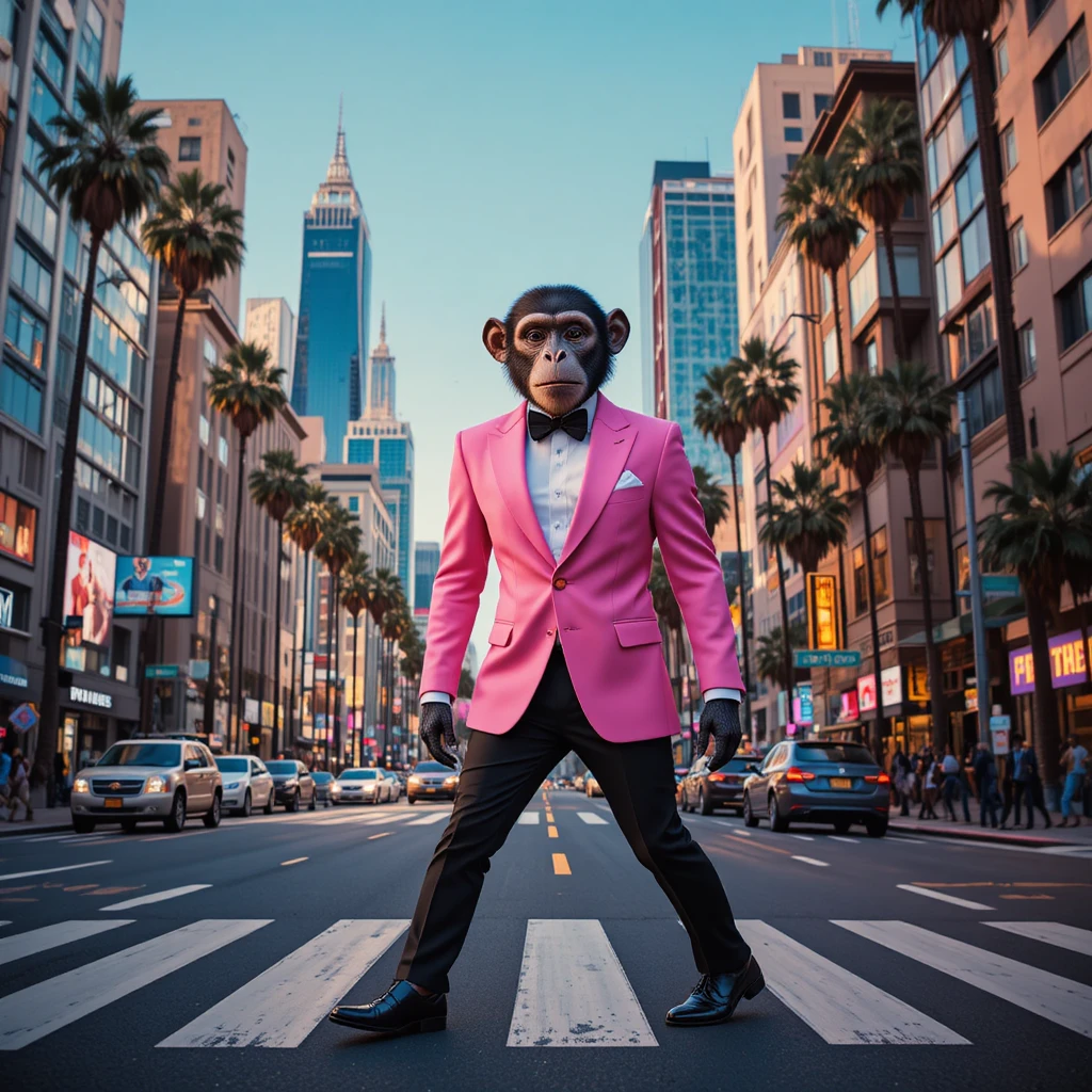 Mono elegante con esmoquin rosa en una calle de Los Ángeles