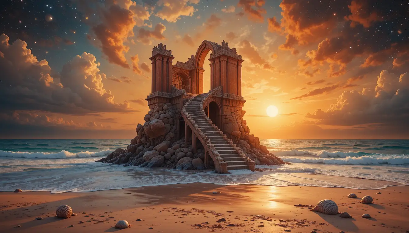Surreal ruined staircase rising from a calm sunset sea