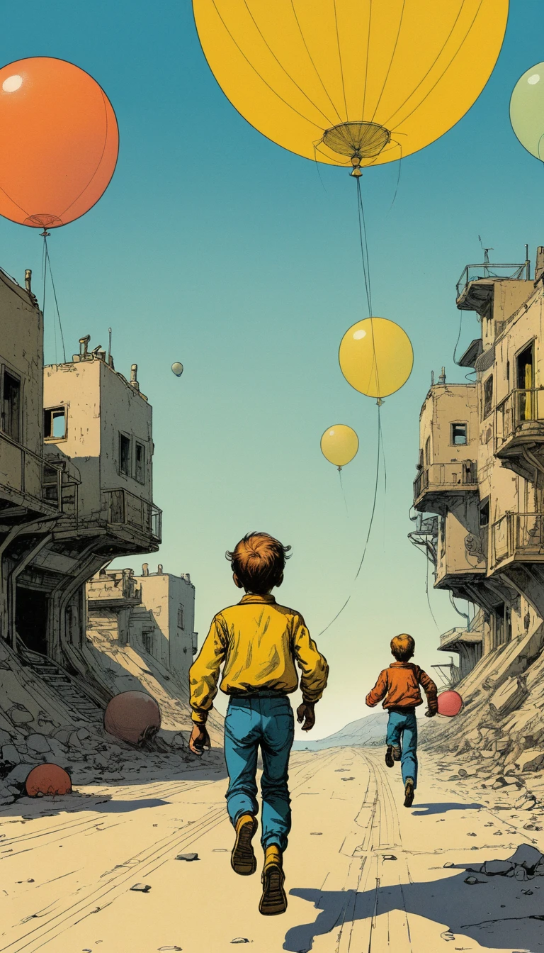 Garçon courant avec des ballons sur un audacieux fond graphique jaune