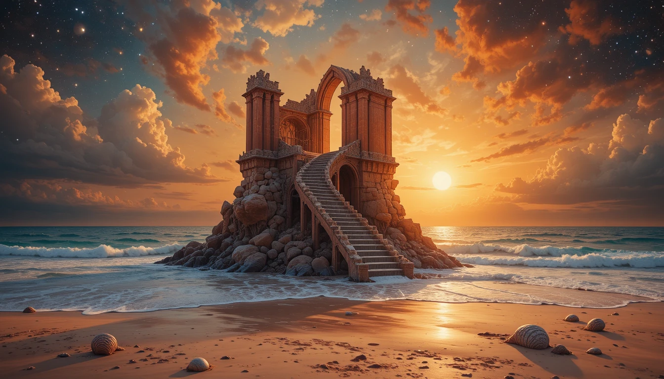 Escadaria arruinada surreal surgindo de um mar calmo ao pôr do sol