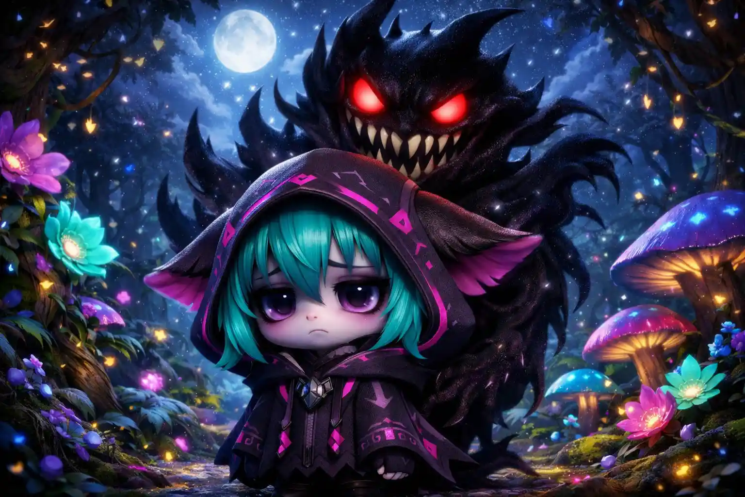 Ragazza chibi cupa in una foresta fantasy illuminata dalla luna