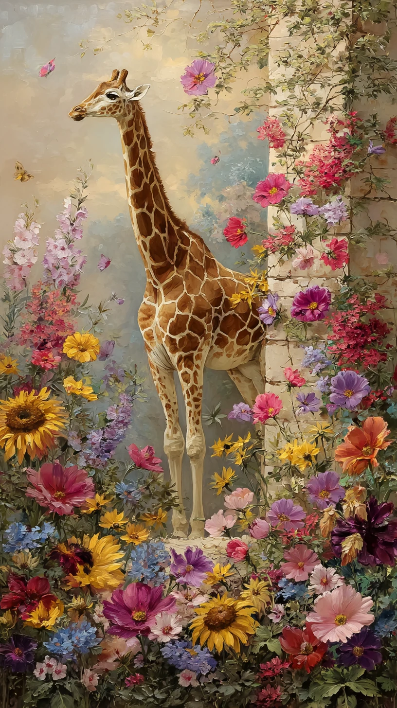 Girafa graciosa em um mural de pradaria com flores silvestres