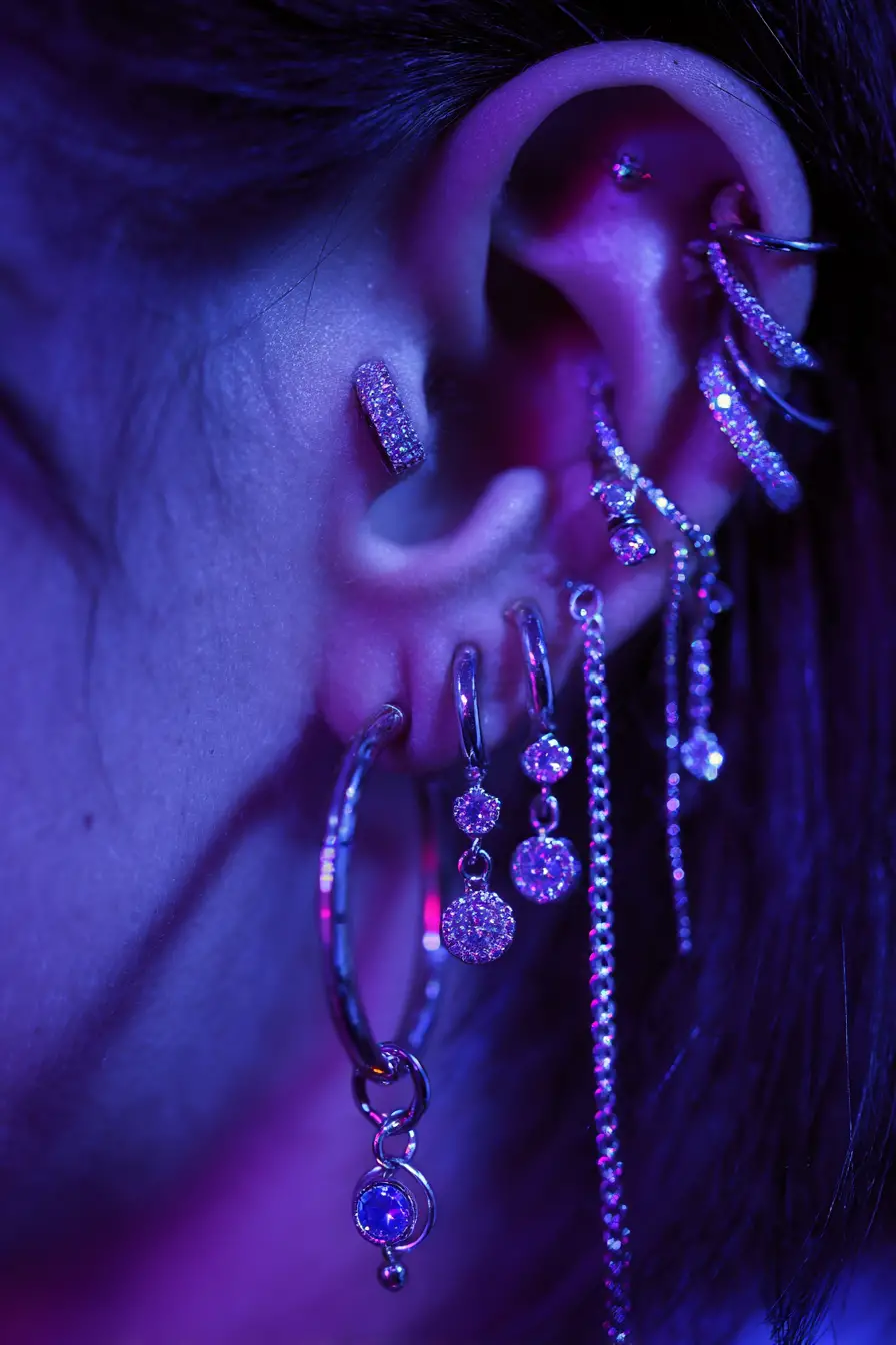Nahaufnahme eines Ohrs mit mehreren diamantbesetzten Piercings