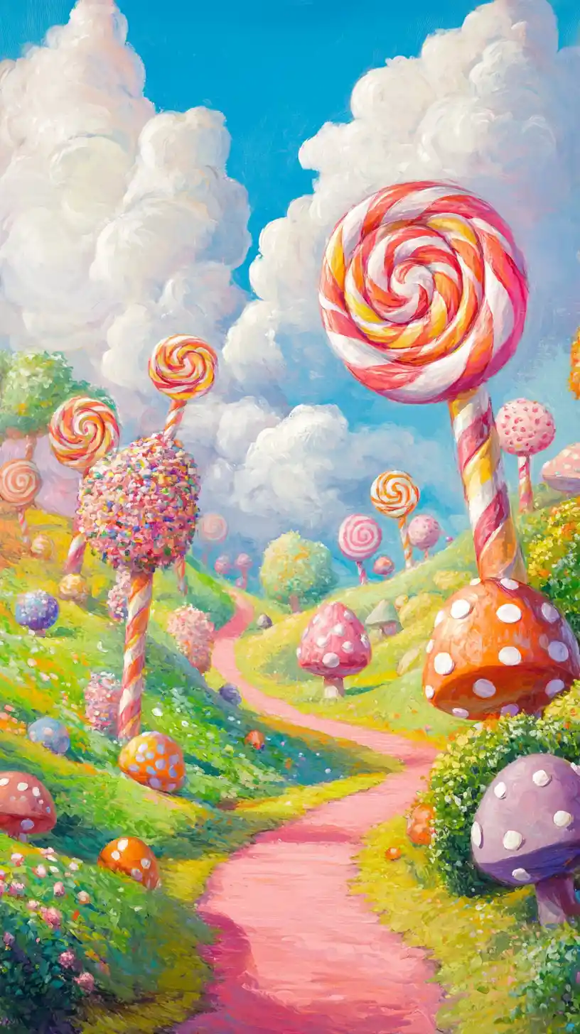 Paysage féerique de Candyland avec arbres sucettes en spirale
