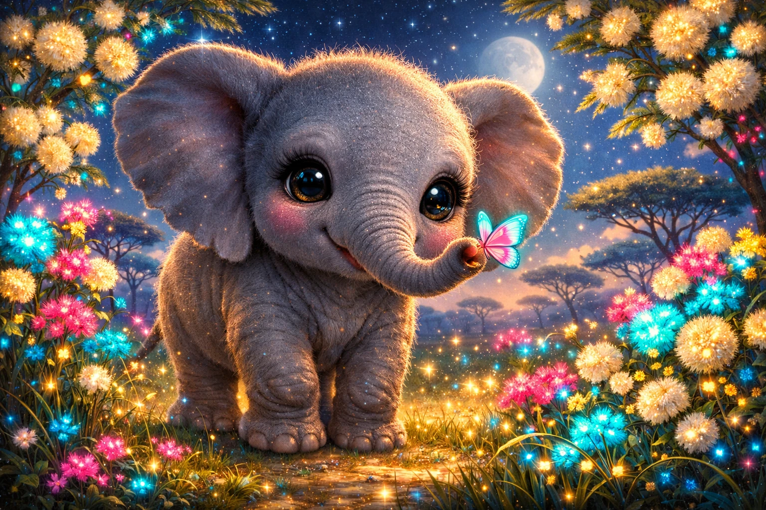 Filhote de elefante fofo com flores brilhantes na savana à noite