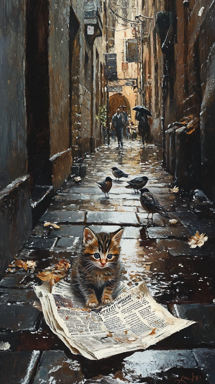 Chaton abrité sous un journal dans une ruelle de ville sous la pluie