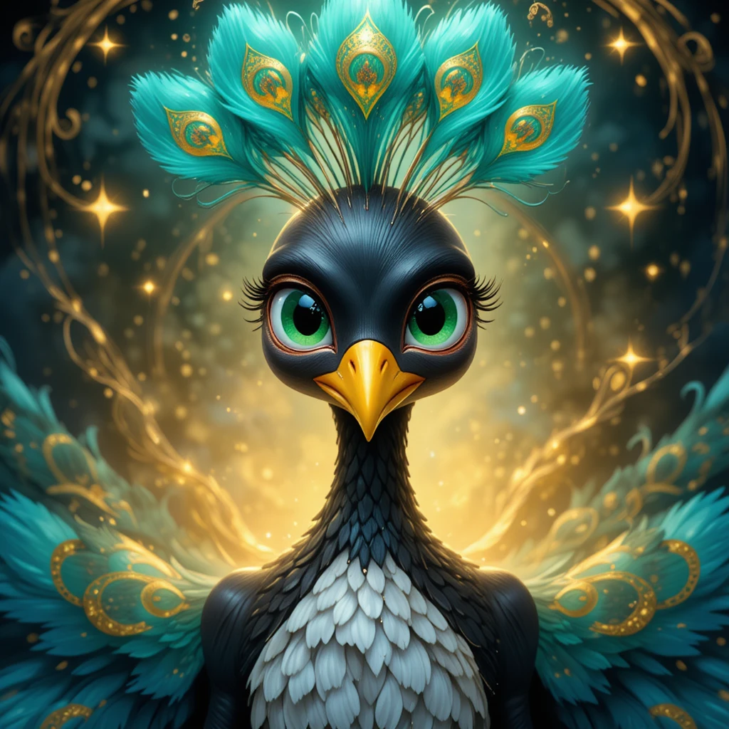 Pavão de fantasia lúdico com cauda brilhante em turquesa e dourado
