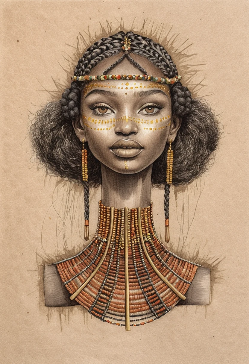 Retrato a carbón de una mujer de África Oriental con corona trenzada