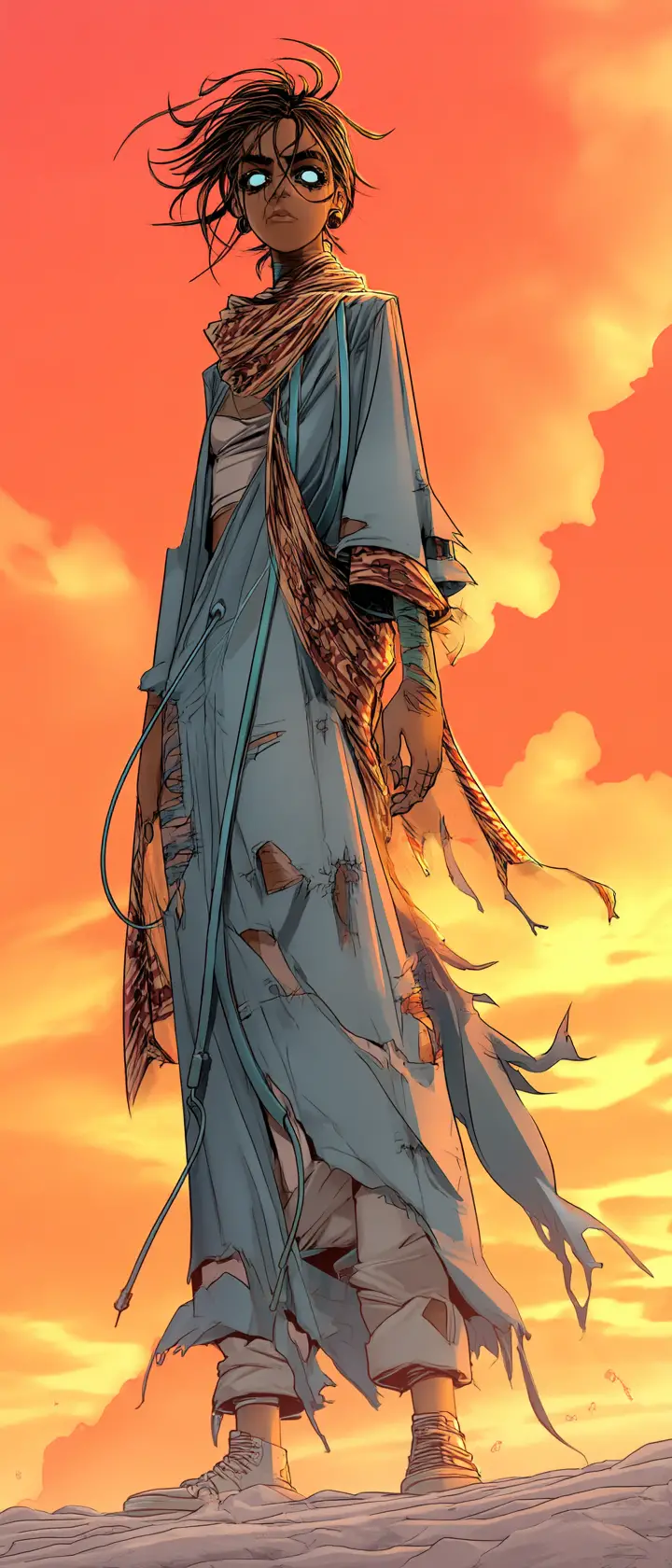 Anime-Saudifrau auf einem Cyberpunk-Dach bei Dämmerung