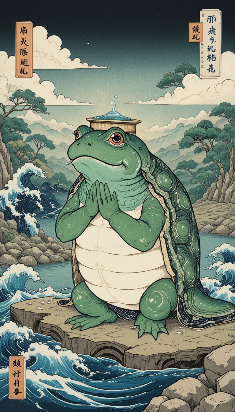 Kappa tradicional reverenciando à beira de um rio em estilo ukiyo-e