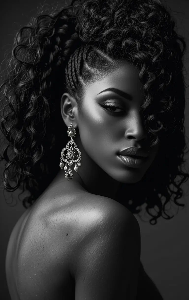 Black and white portrait of a woman with afro hair