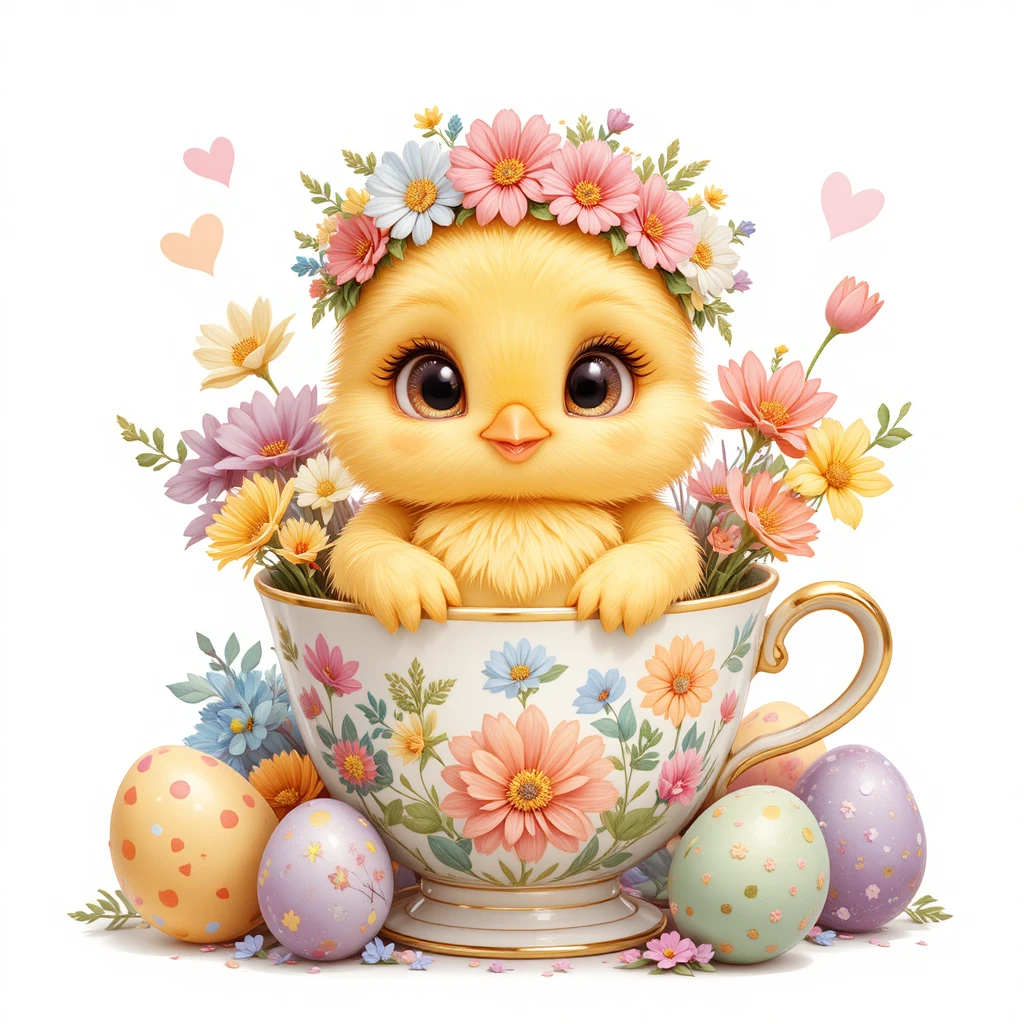 Cute yellow chick in floral teacup with Easter eggs