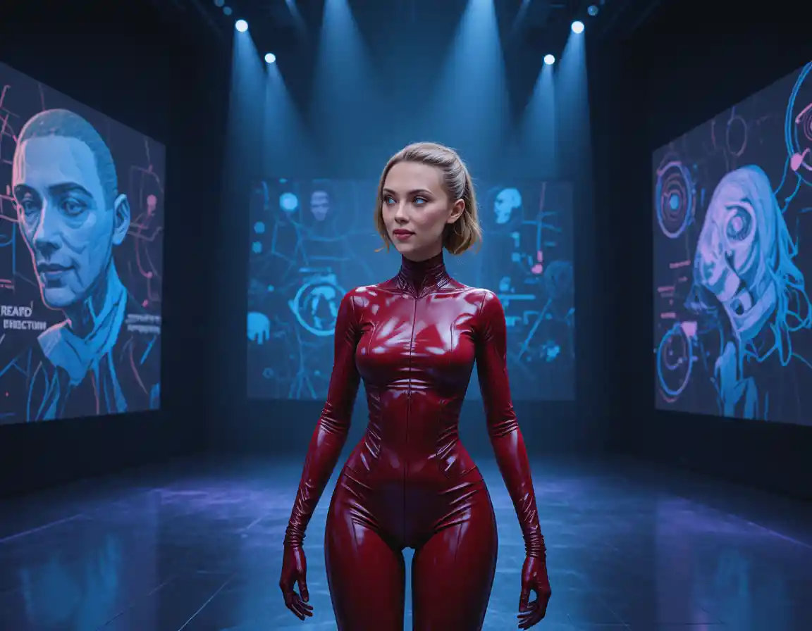 Conceptual portrait of a woman in red bodysuit under spotlights