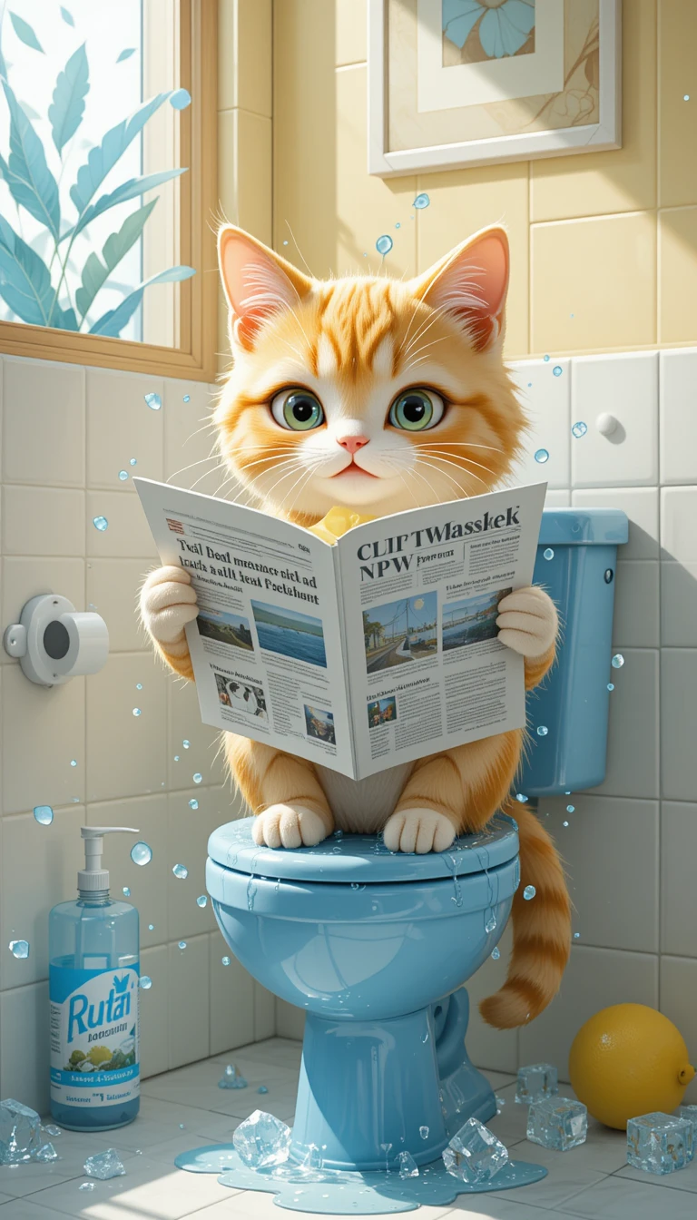 Linda gata dorada leyendo en un inodoro azul en el baño