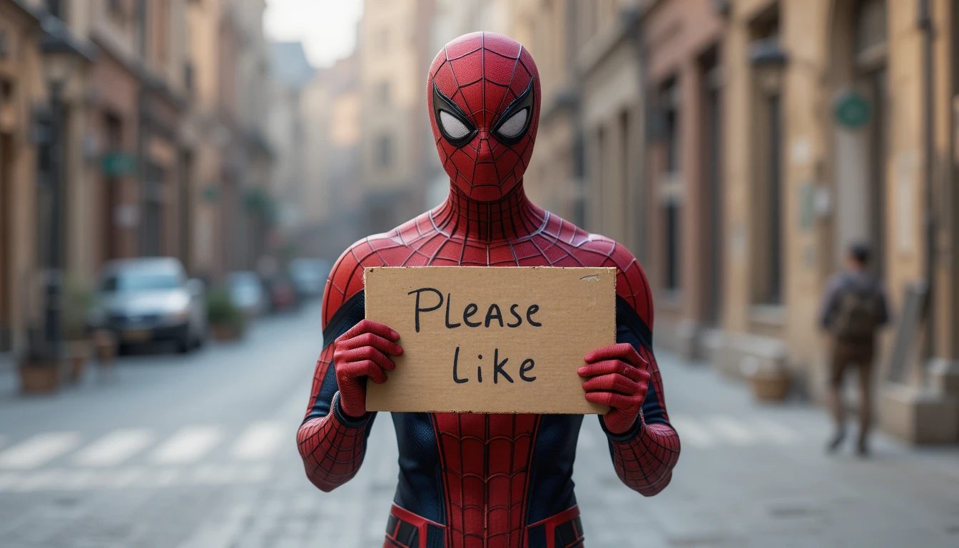 Super-herói segurando um cartaz de papelão com pedido simples de like