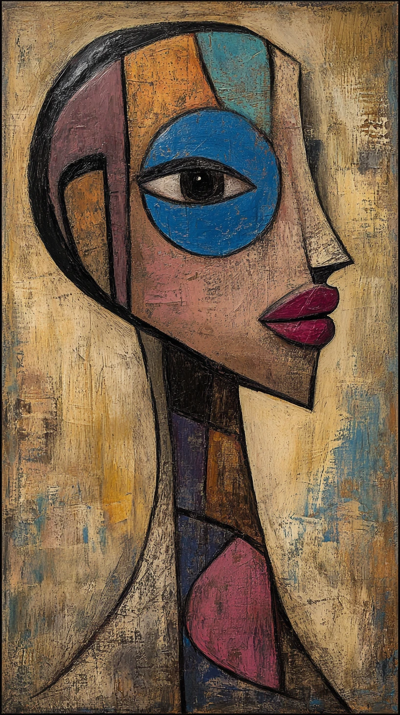 Abstract cubist portrait with geometric serene figure