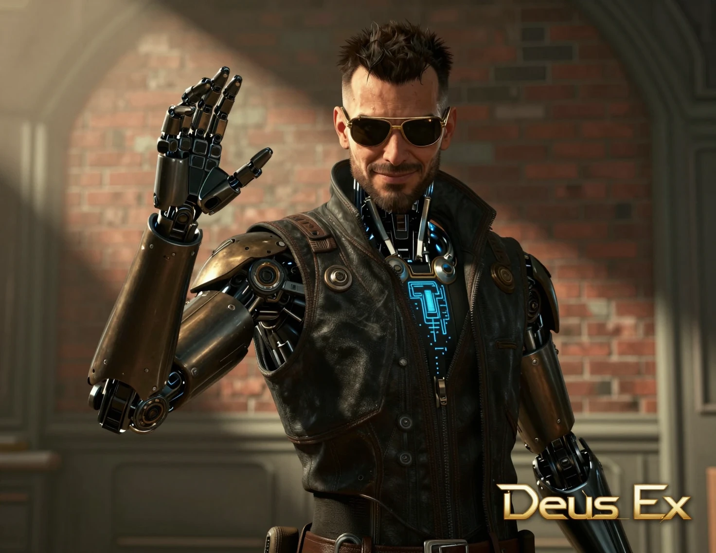 Uomo cyborg cyberpunk sorridente che posa in un interno grintoso