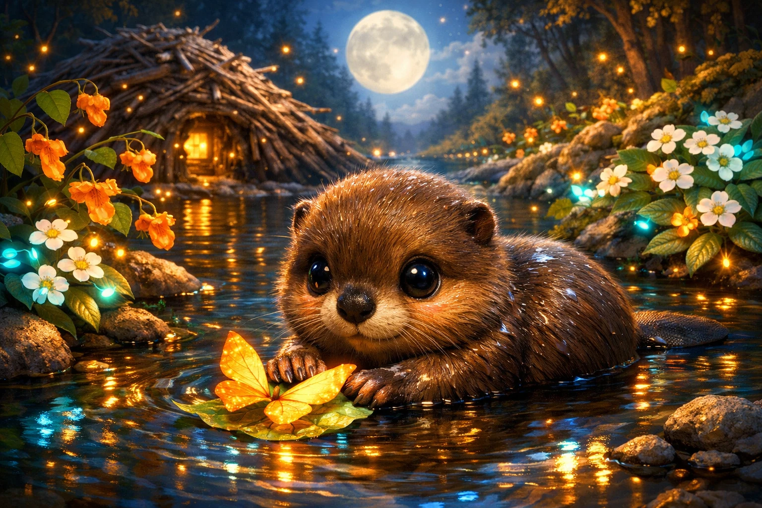 Bébé castor nageant de nuit dans un ruisseau lumineux en forêt