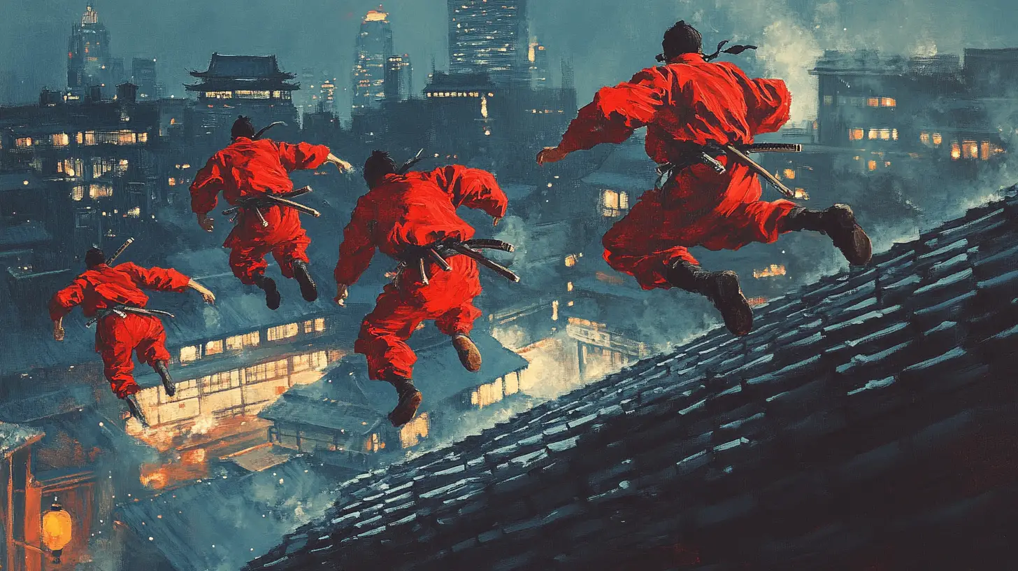 Rote Ninjas springen nachts über die Dächer von New York