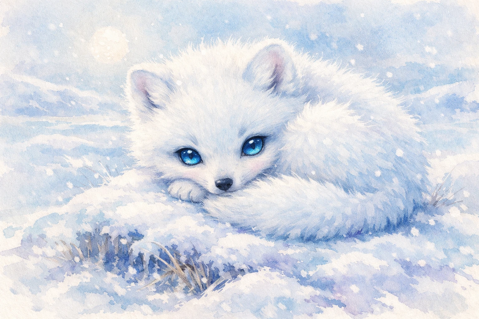 Filhote de raposa-do-ártico enroscado na tundra nevada em aquarela suave