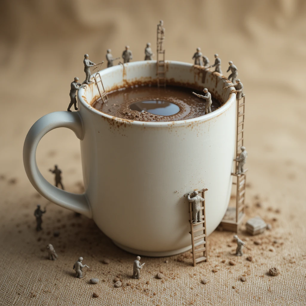 Ouvriers miniatures façonnant une gigantesque tasse à café en céramique