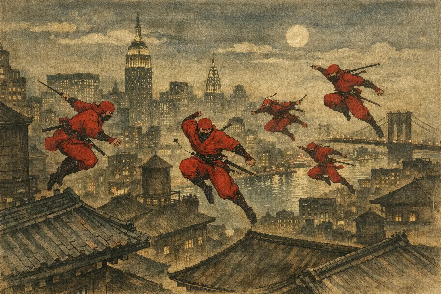 Rote Ninjas springen nachts über die Dächer von New York