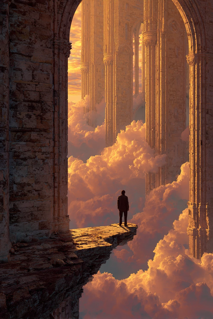 Lone Figure On Gothic Ledge Above Glowing Sunset Clouds