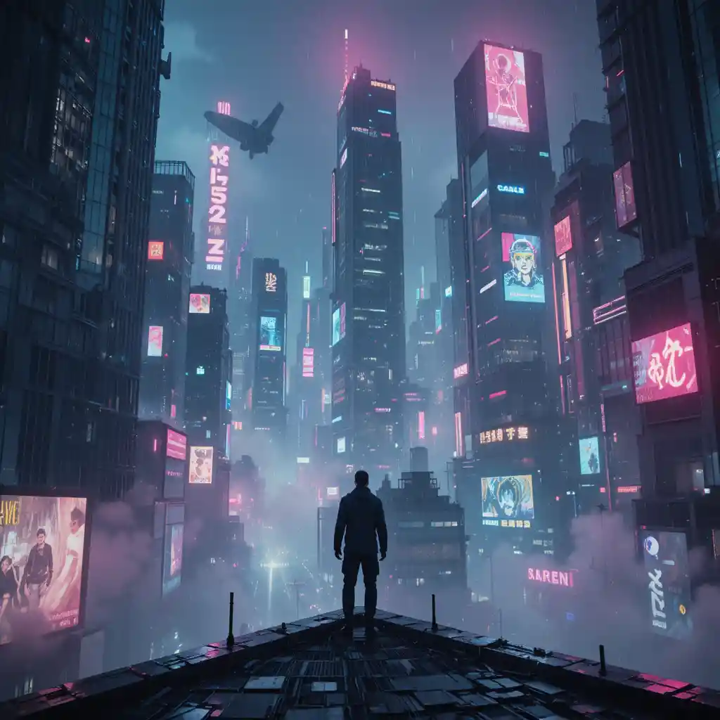Figura solitaria che osserva una città futuristica al neon di notte