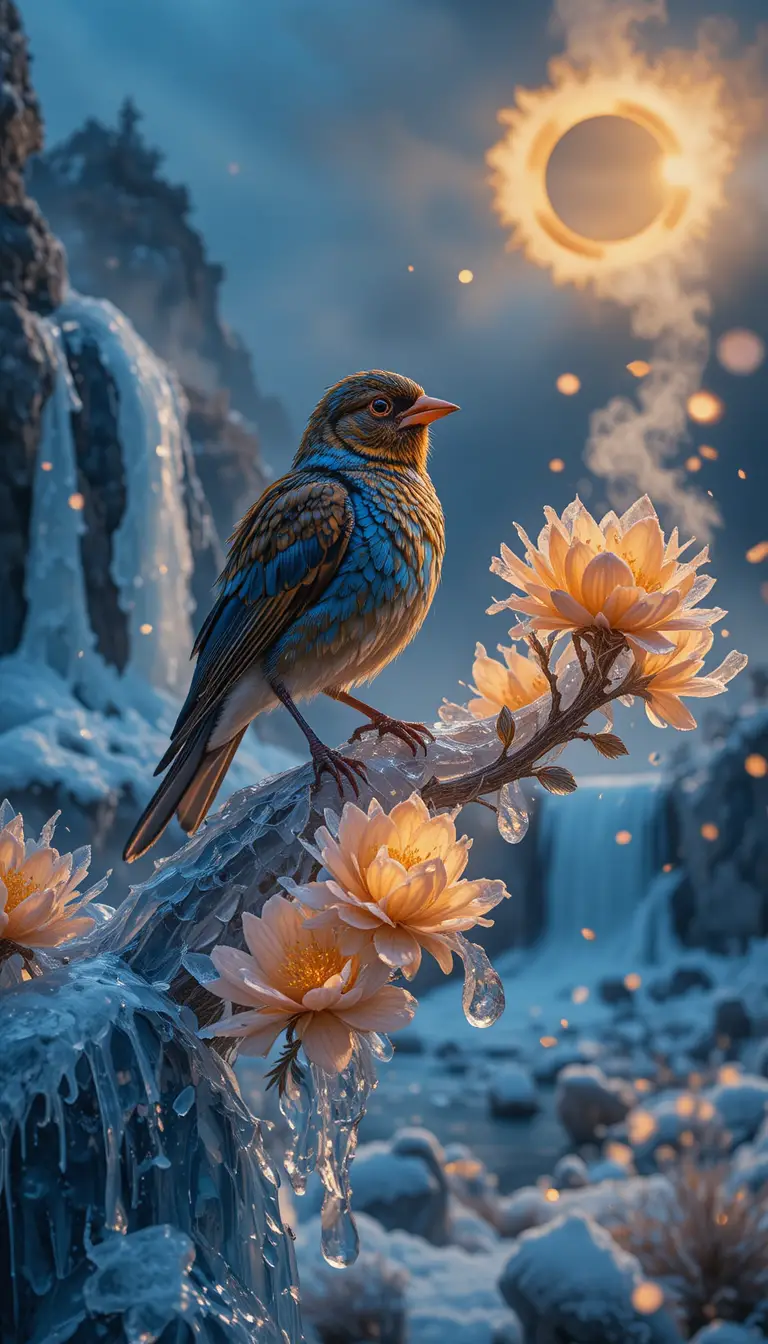 Oiseau Phénix Mythique sur Branche Cristalline à l’Heure Bleue