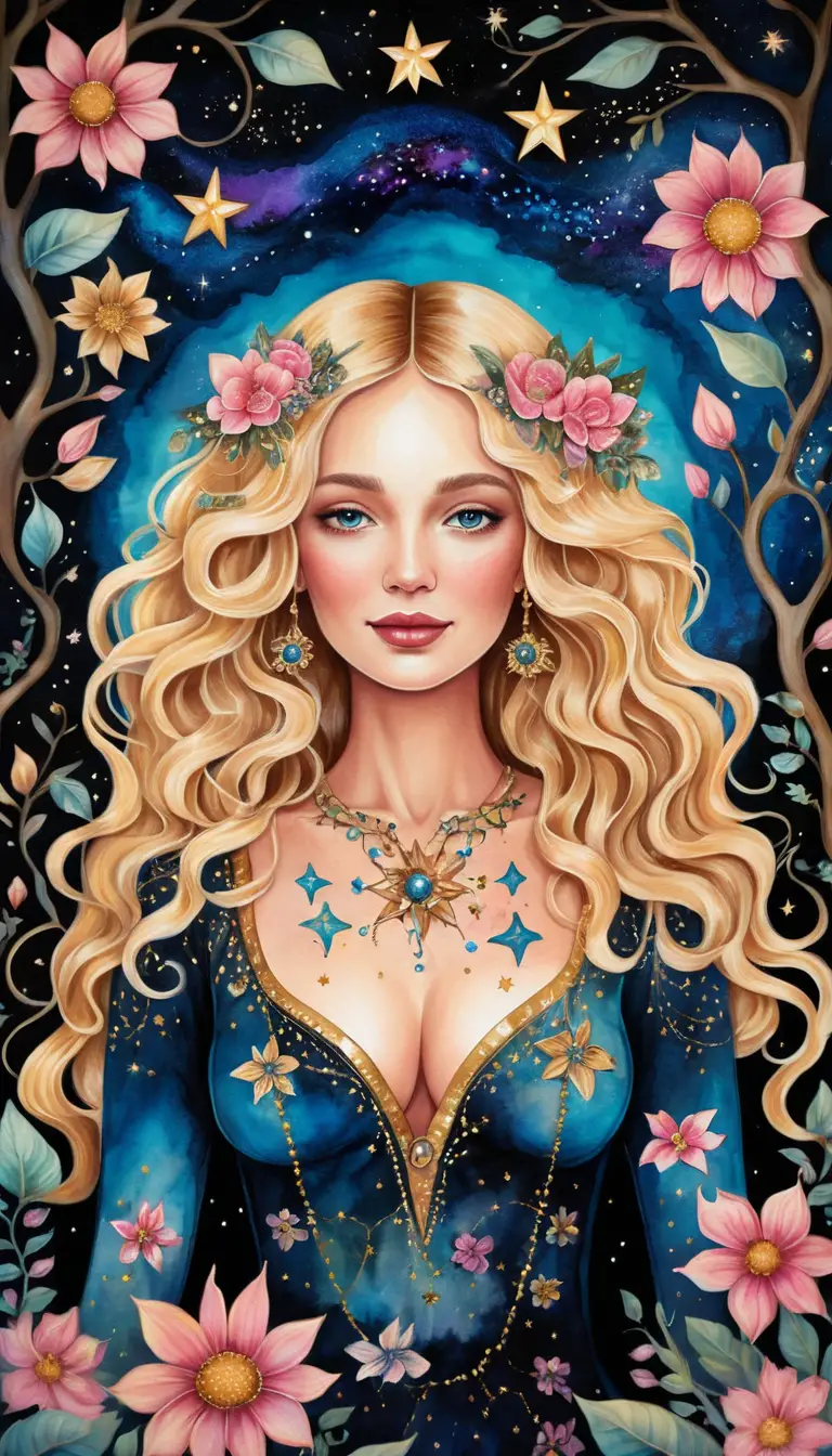 Mujer rubia en un jardín floral de arte folclórico de noche