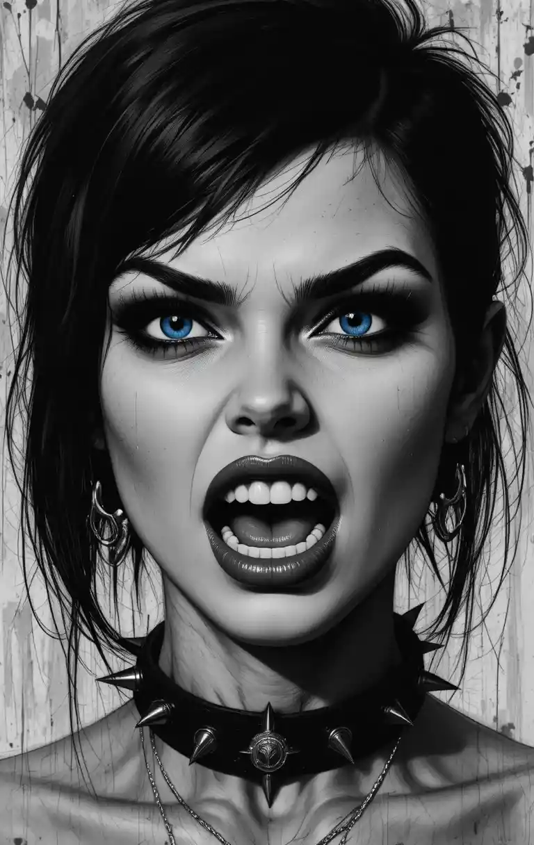 Fierce woman close up in gritty black and white art