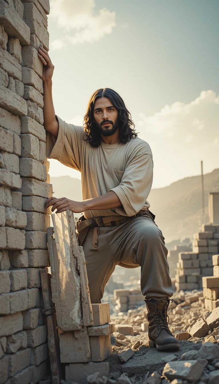 Jésus comme humble maçon à l’aube sur un chantier de construction en ville