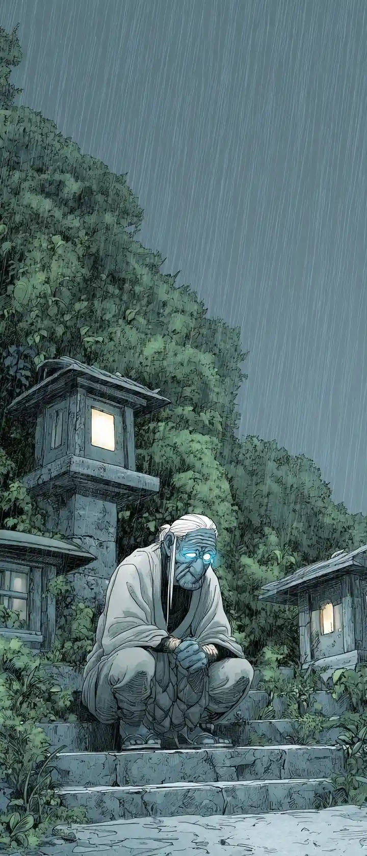 暴風雨中獨自坐在寺廟階梯上的動漫長者