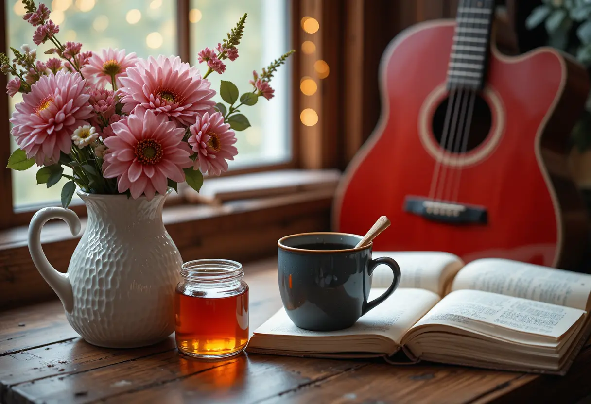 Tazza di caffè accogliente e libro aperto su un tavolo di legno