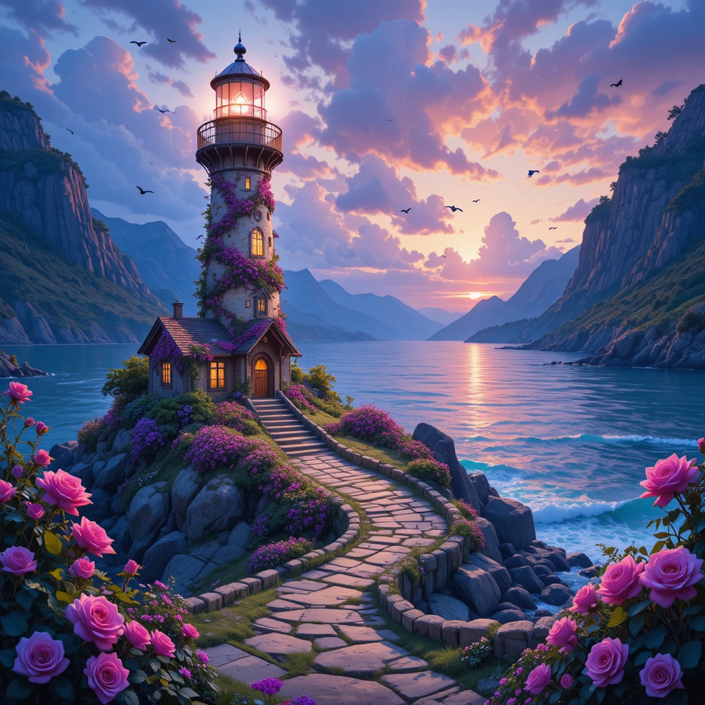 Glowing Fantasy Lighthouse Cottage On A Sunset Coastline